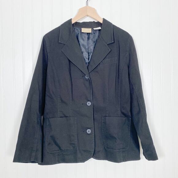 Liz Claiborne Womens Blazer Size 12 Petite Black Notch Lapel 100% Cotton Career - Picture 1 of 11